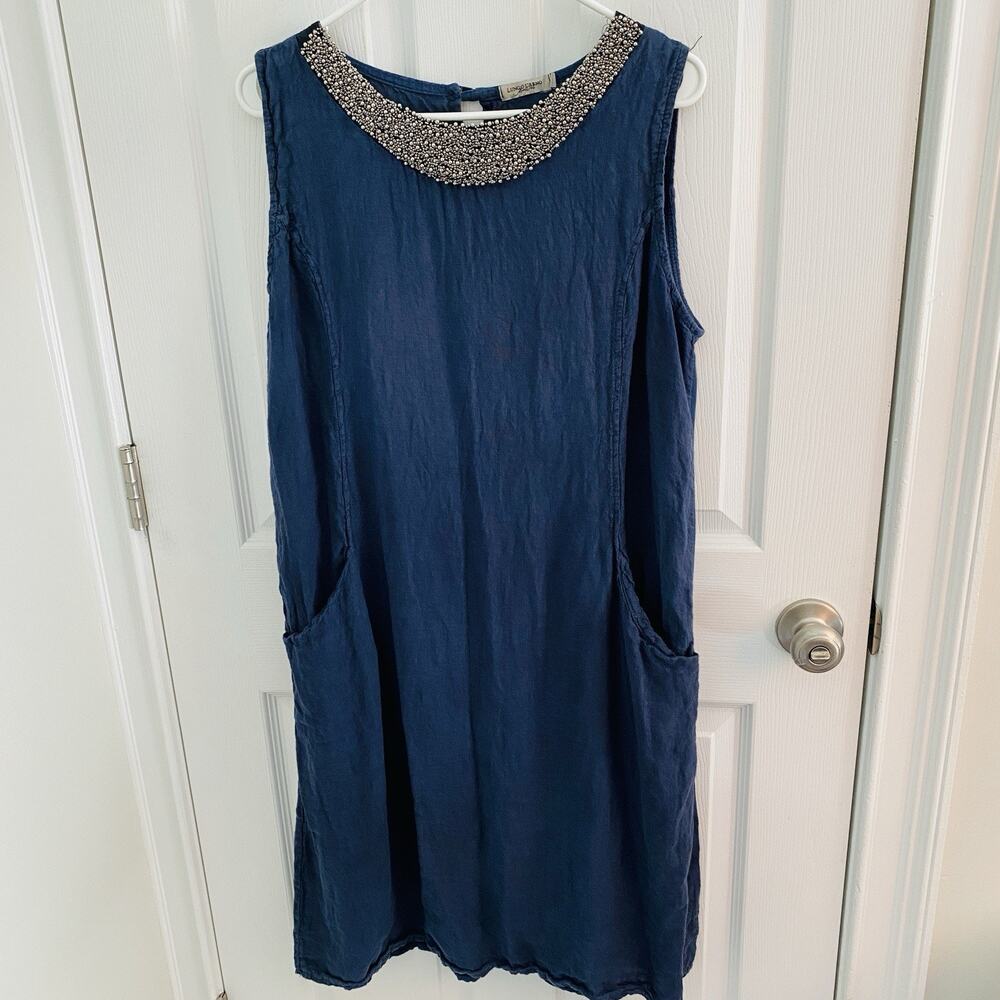 Lungo L’arno Linen Midi Dress Size 1X Navy Beaded Pockets Shirt beach Vacation